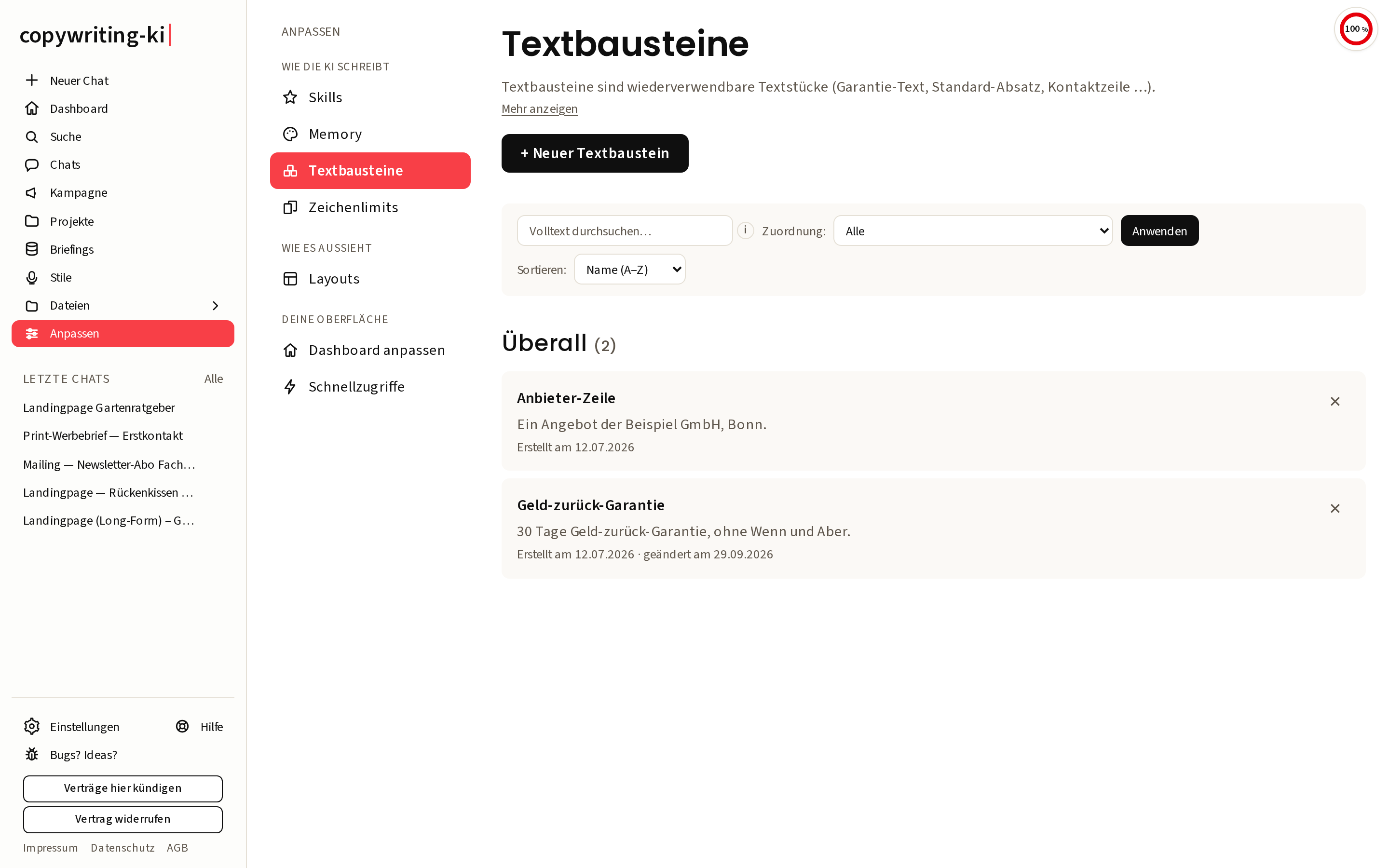 Die Textbausteine-Übersicht mit angelegten Textstücken