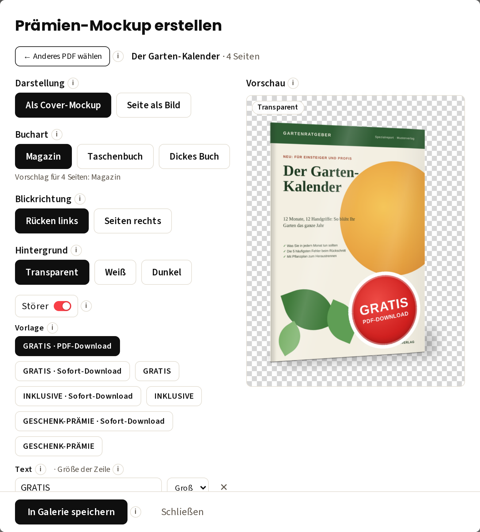Prämien-Mockup erstellen: Aus dem PDF „Der Garten-Kalender“ wird ein Magazin-Cover mit dem Störer „GRATIS · PDF-Download“, rechts die Vorschau