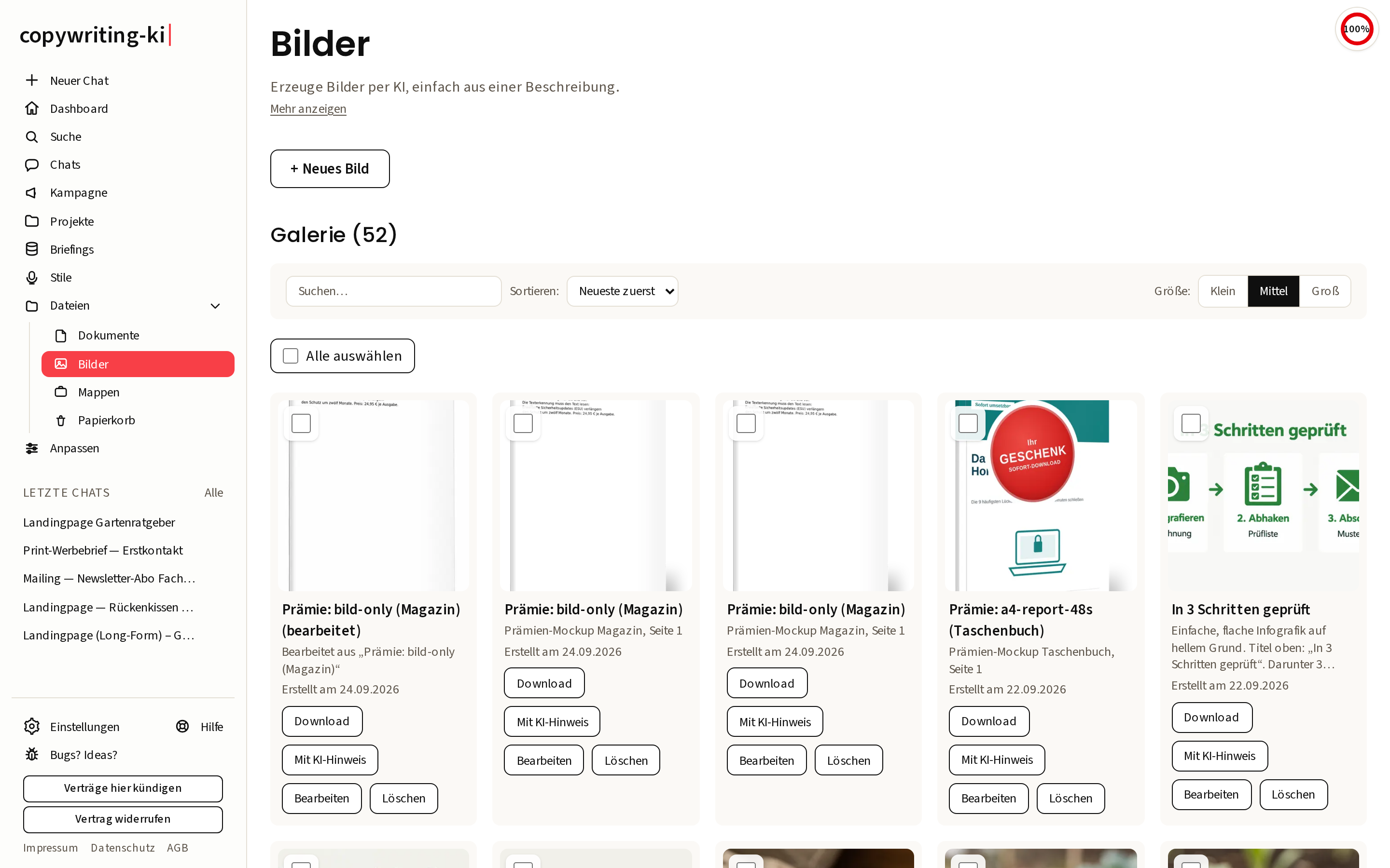 Die Bilder-Seite: oben der Knopf „+ Neues Bild“, darunter die Galerie