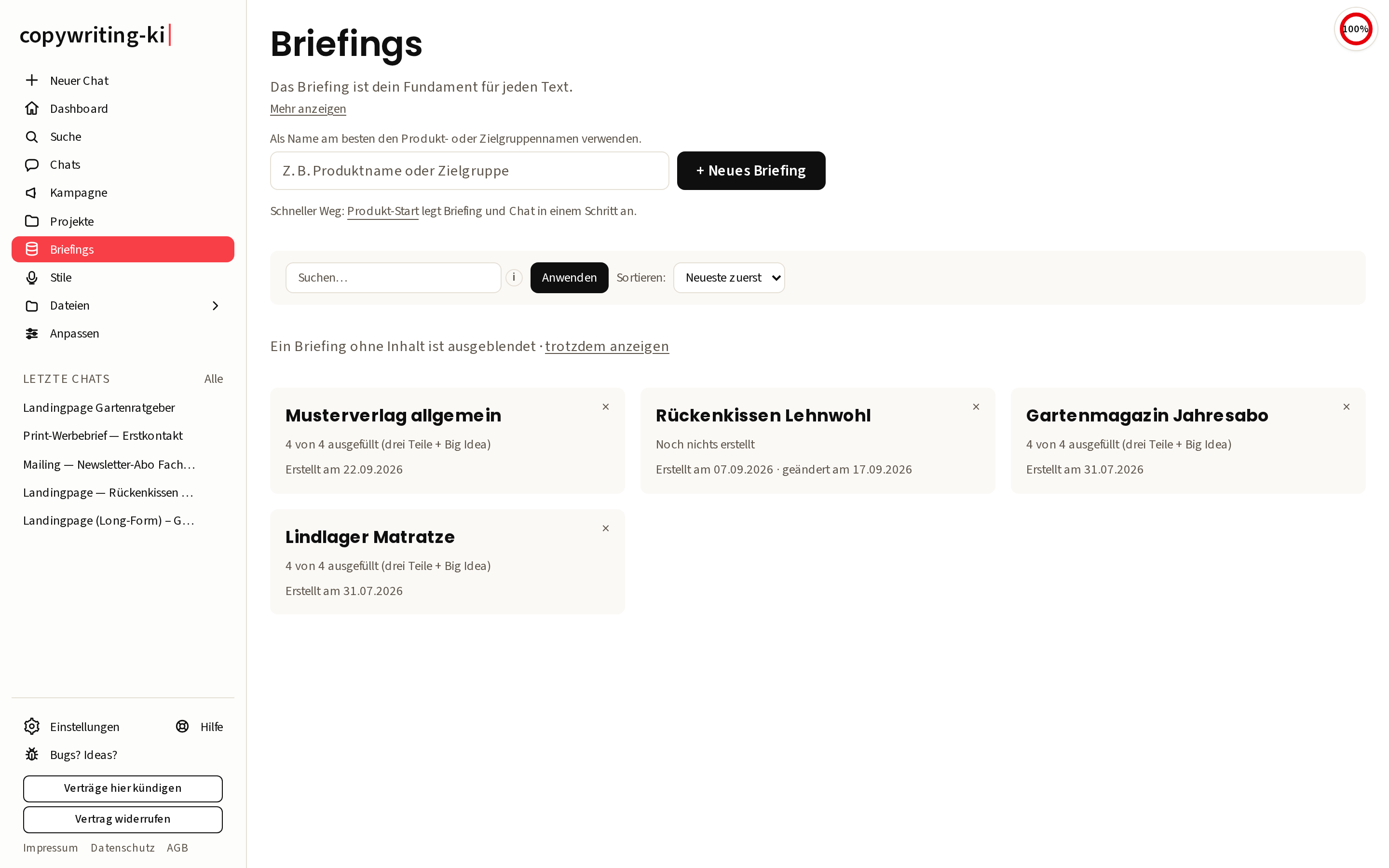 So sieht der Bereich „Briefings“ aus, bevor du eins anlegst