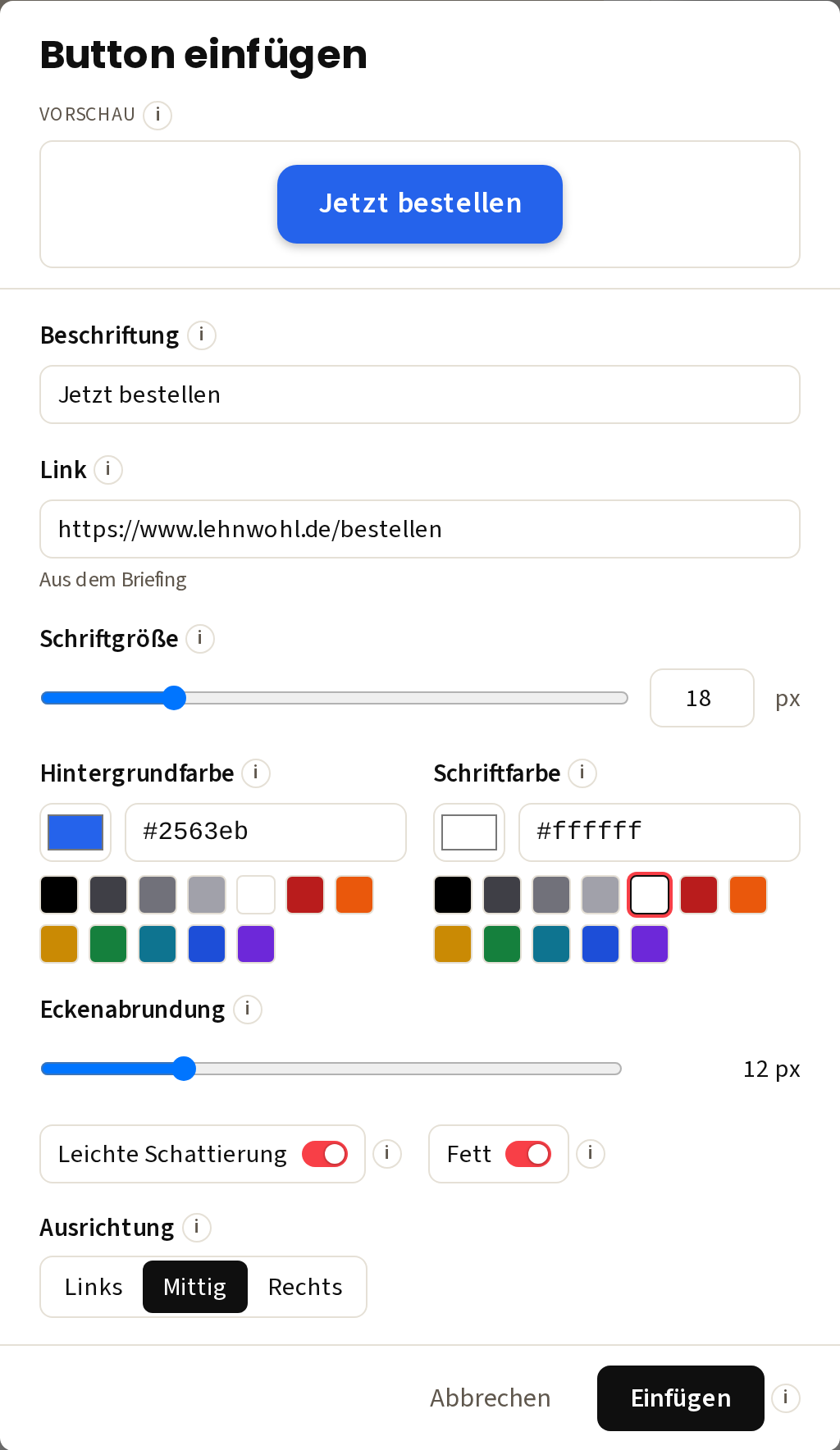 Das Fenster „Button einfügen“ mit allen Einstellungen und der Vorschau