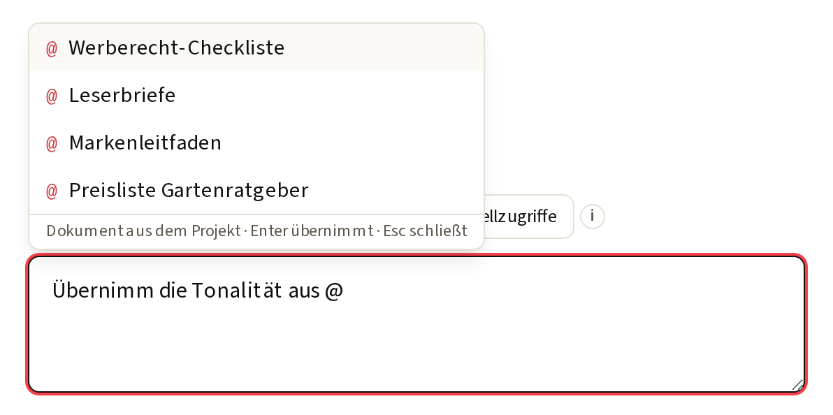 Das @-Menü im Eingabefeld: Dokumente des Produkts und der Ebenen darüber