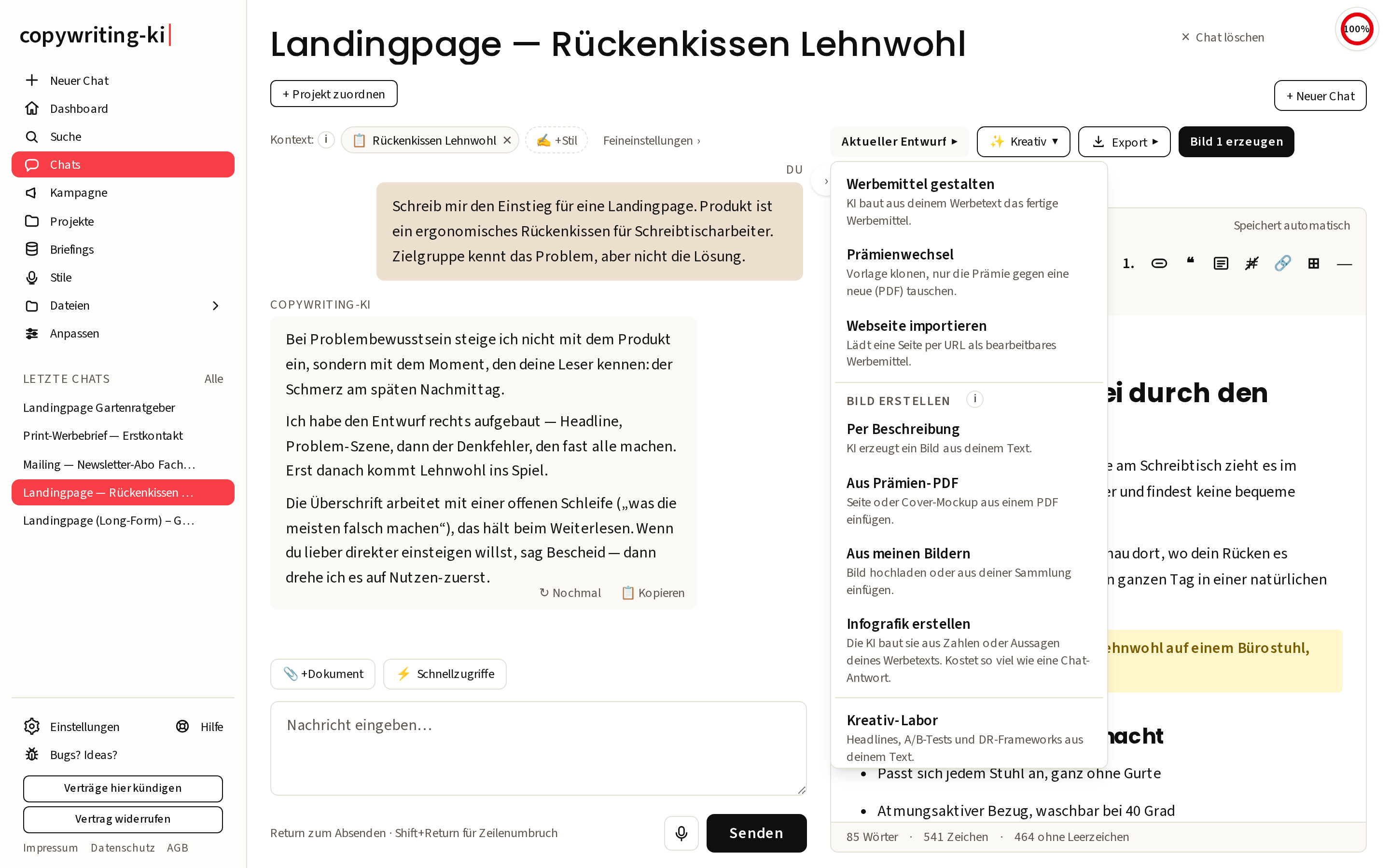 Das Kreativ-Menü mit seinen Werkzeugen