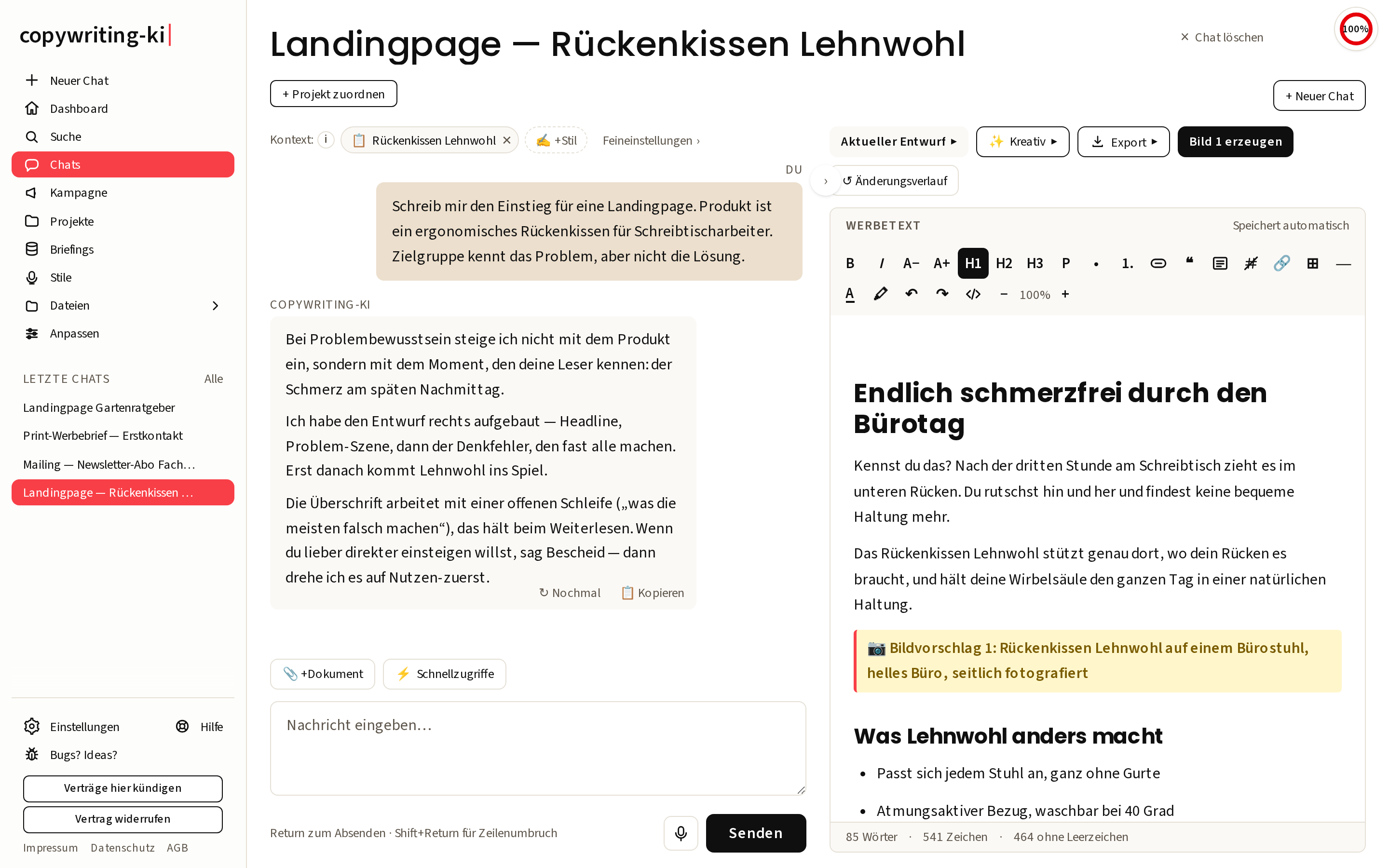 Links die Unterhaltung, rechts der Werbetext, der sich live mitverändert