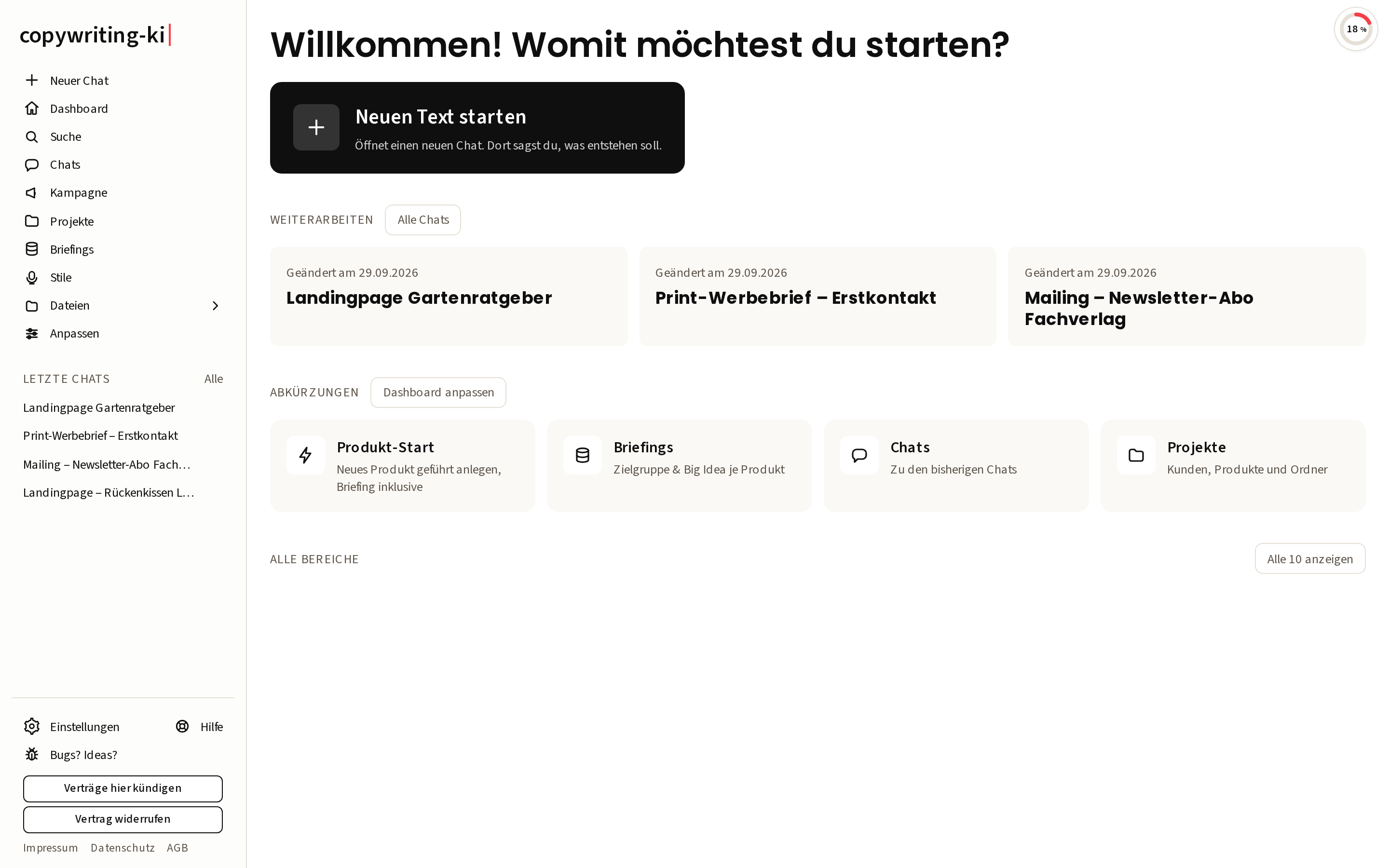 Links die Seitenleiste, rechts das Dashboard mit dem Knopf „Neuen Text starten“