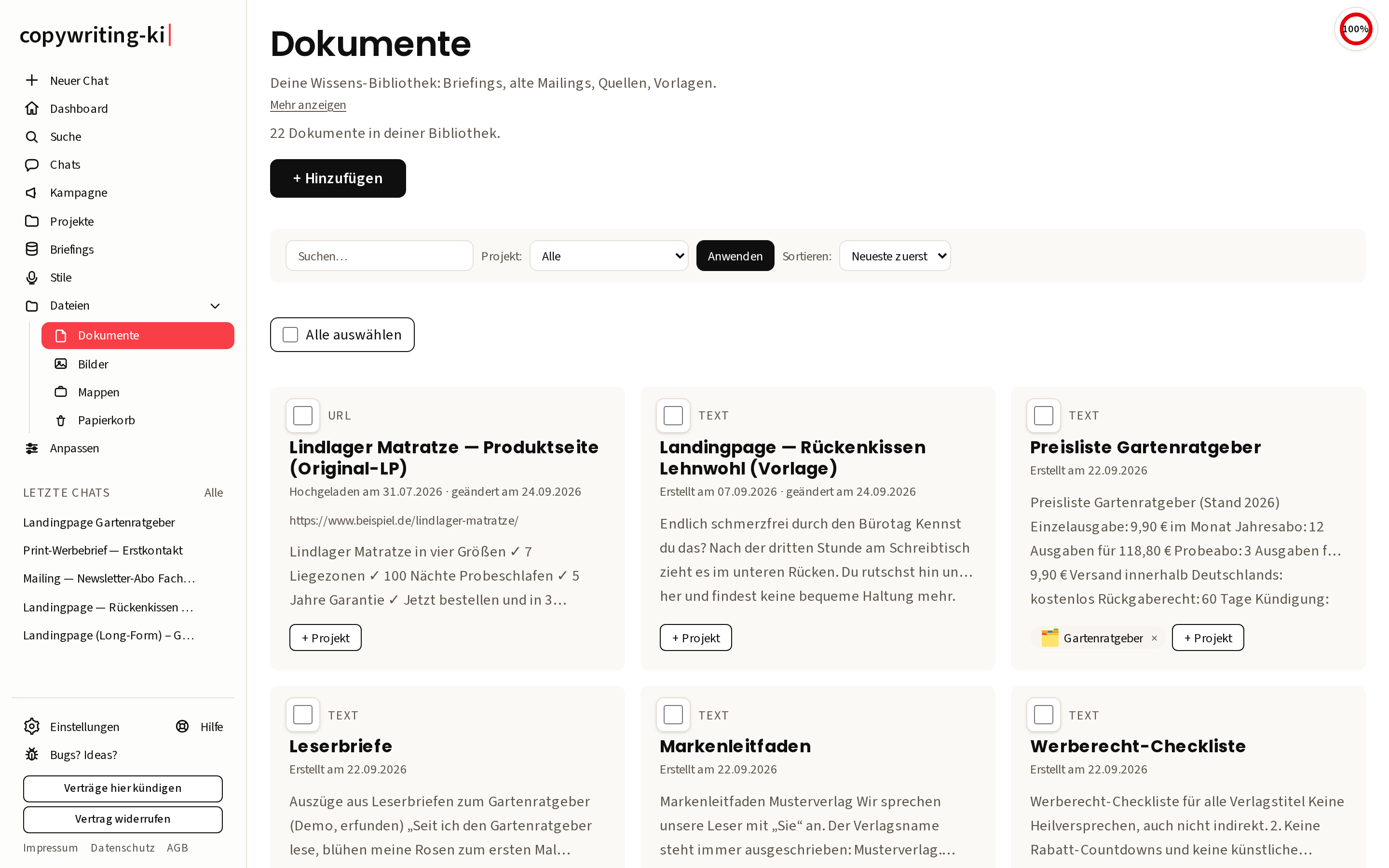 Die Dokumente-Bibliothek mit Filter-Leiste (rechts darin das Sortier-Menü) und den Dokument-Karten