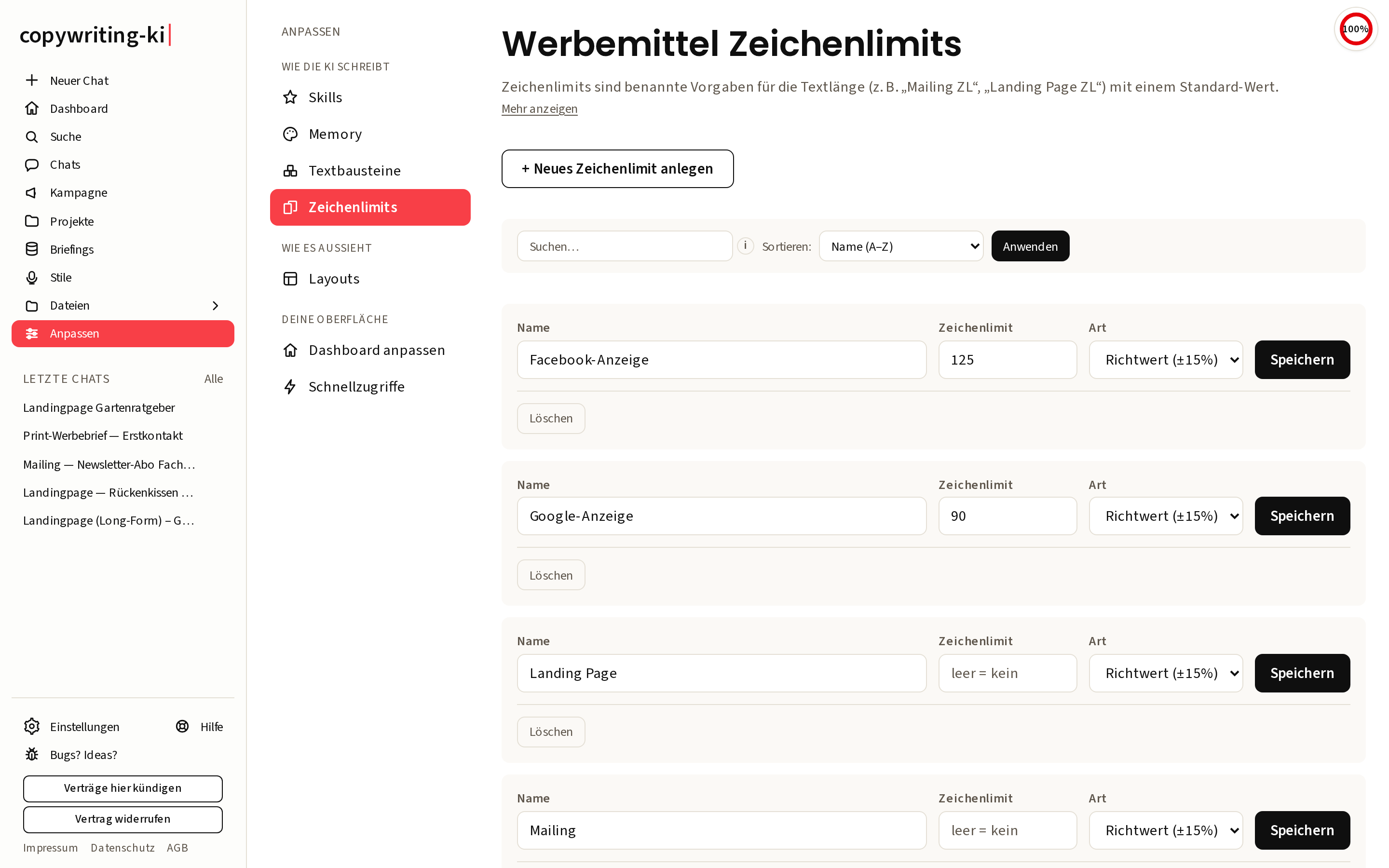 Die Übersicht der Zeichenlimits mit dem Knopf „+ Neues Zeichenlimit anlegen“ oben