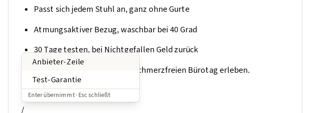 Die Liste der Textbausteine im Werbetext-Editor, geöffnet mit „/“