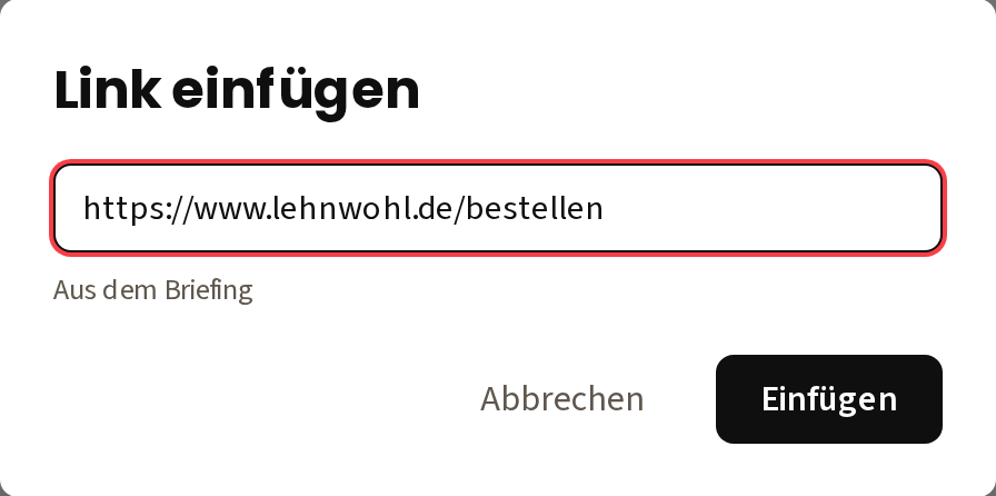 Das Link-Fenster mit vorbelegtem Ziel-Link und der Zeile „Aus dem Briefing“