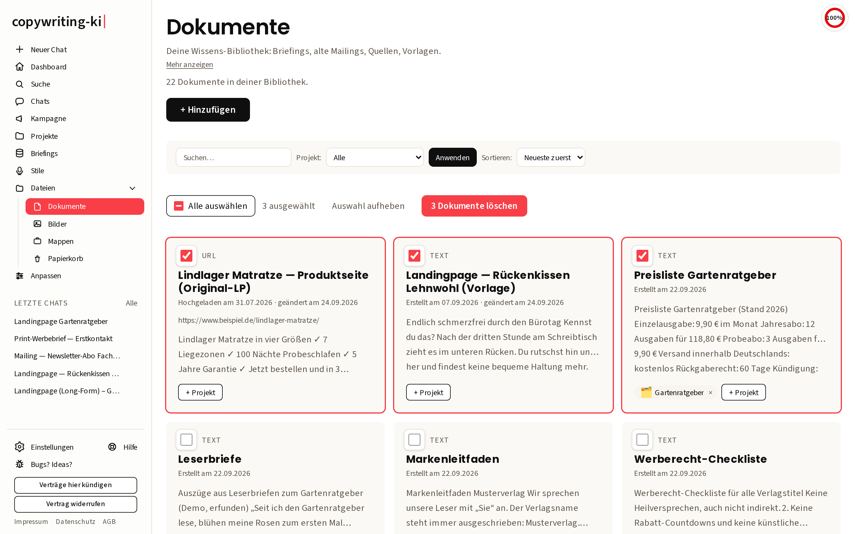 Dokumente mit gesetzten Häkchen und der Leiste zum Löschen