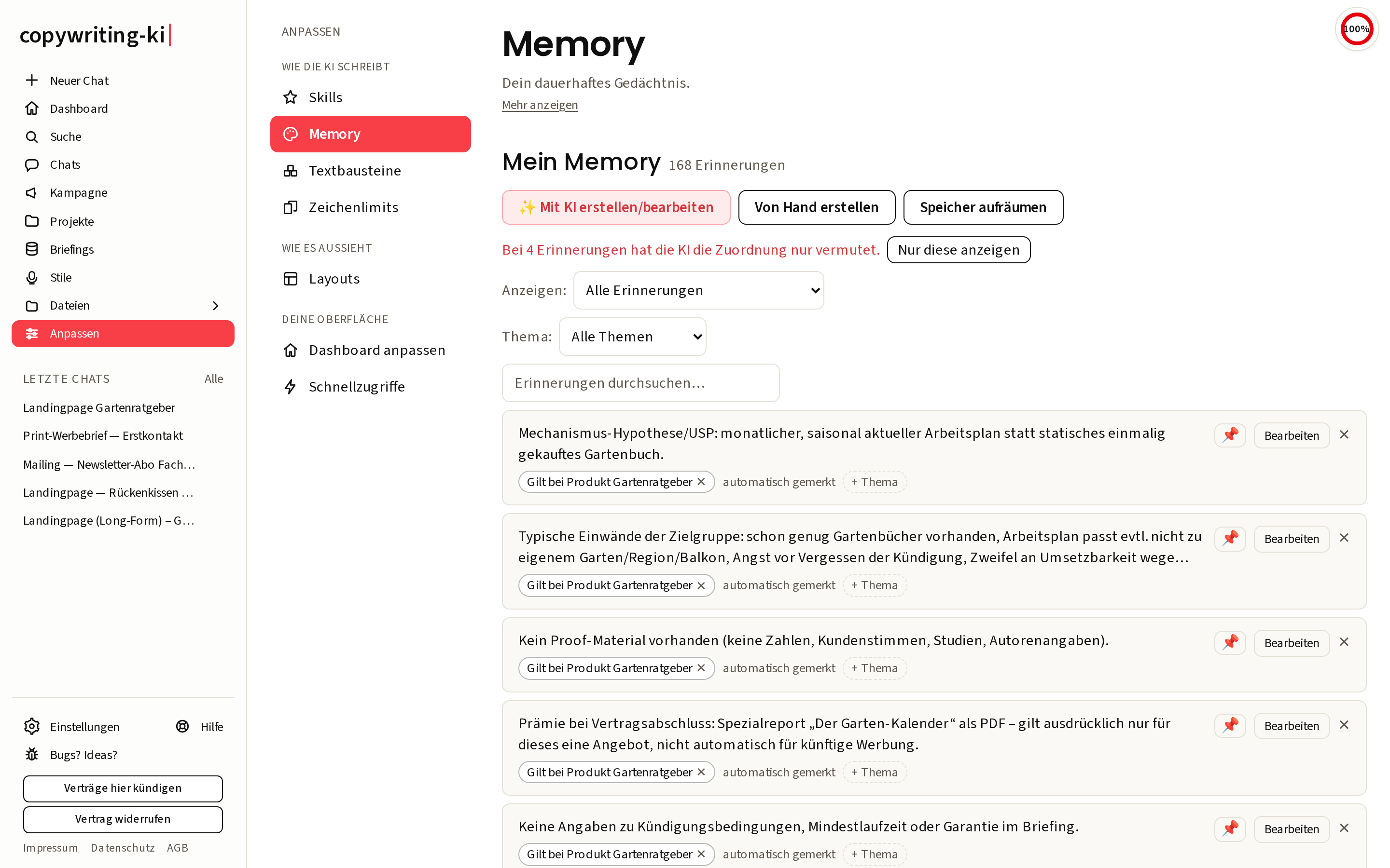 Die Memory-Seite mit deinen Erinnerungen und der Zahl gespeicherter Einträge