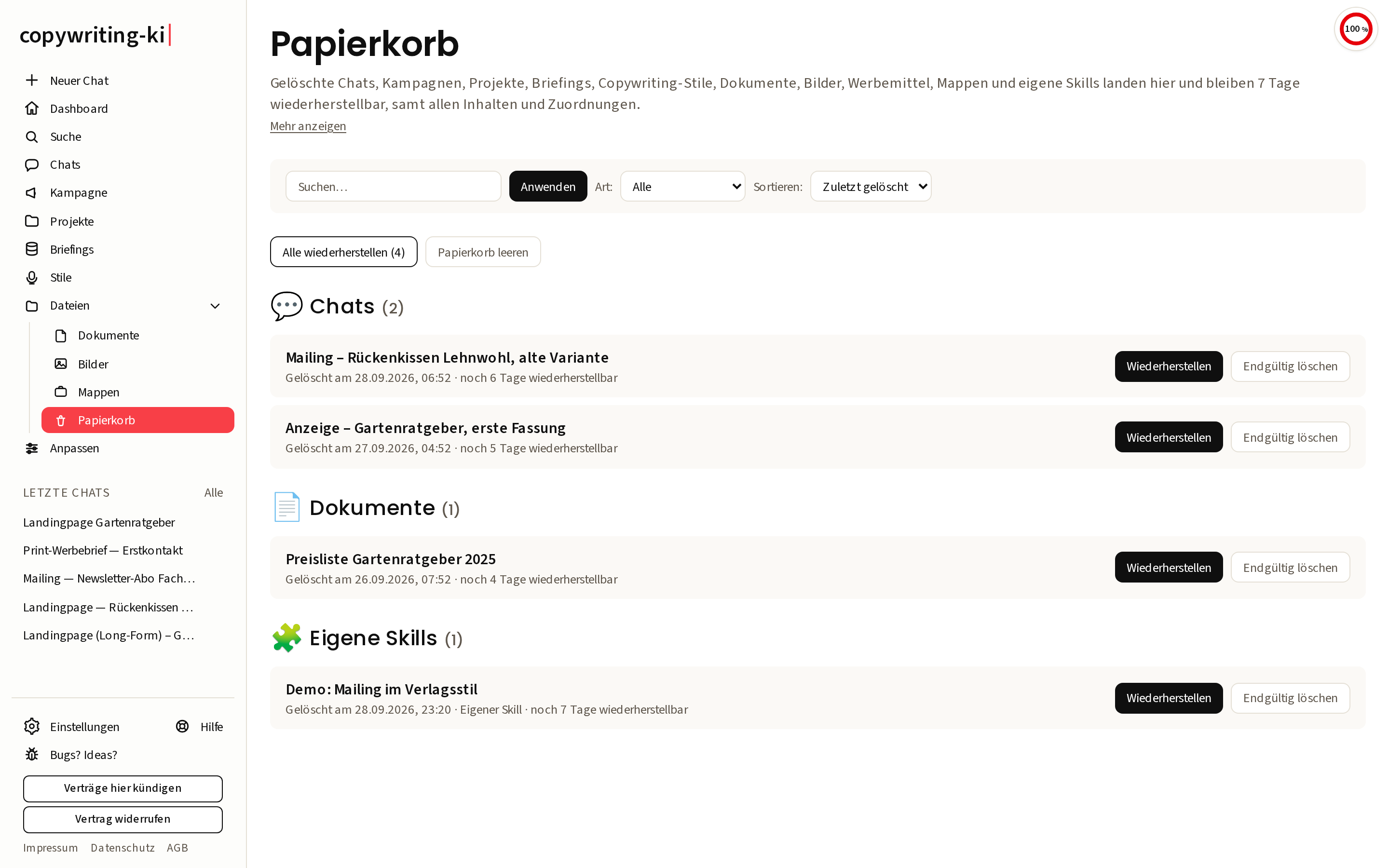 Der Papierkorb mit seinen Abschnitten