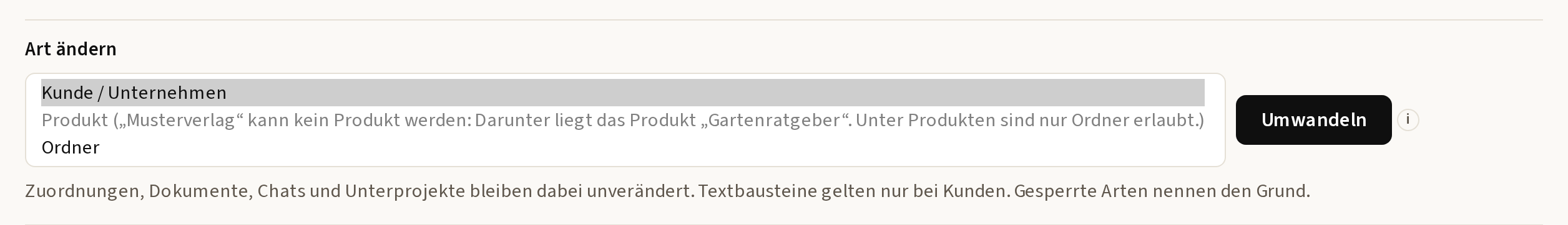 Art ändern im Reiter Einstellungen: gesperrte Arten stehen ausgegraut mit Grund in der Auswahl