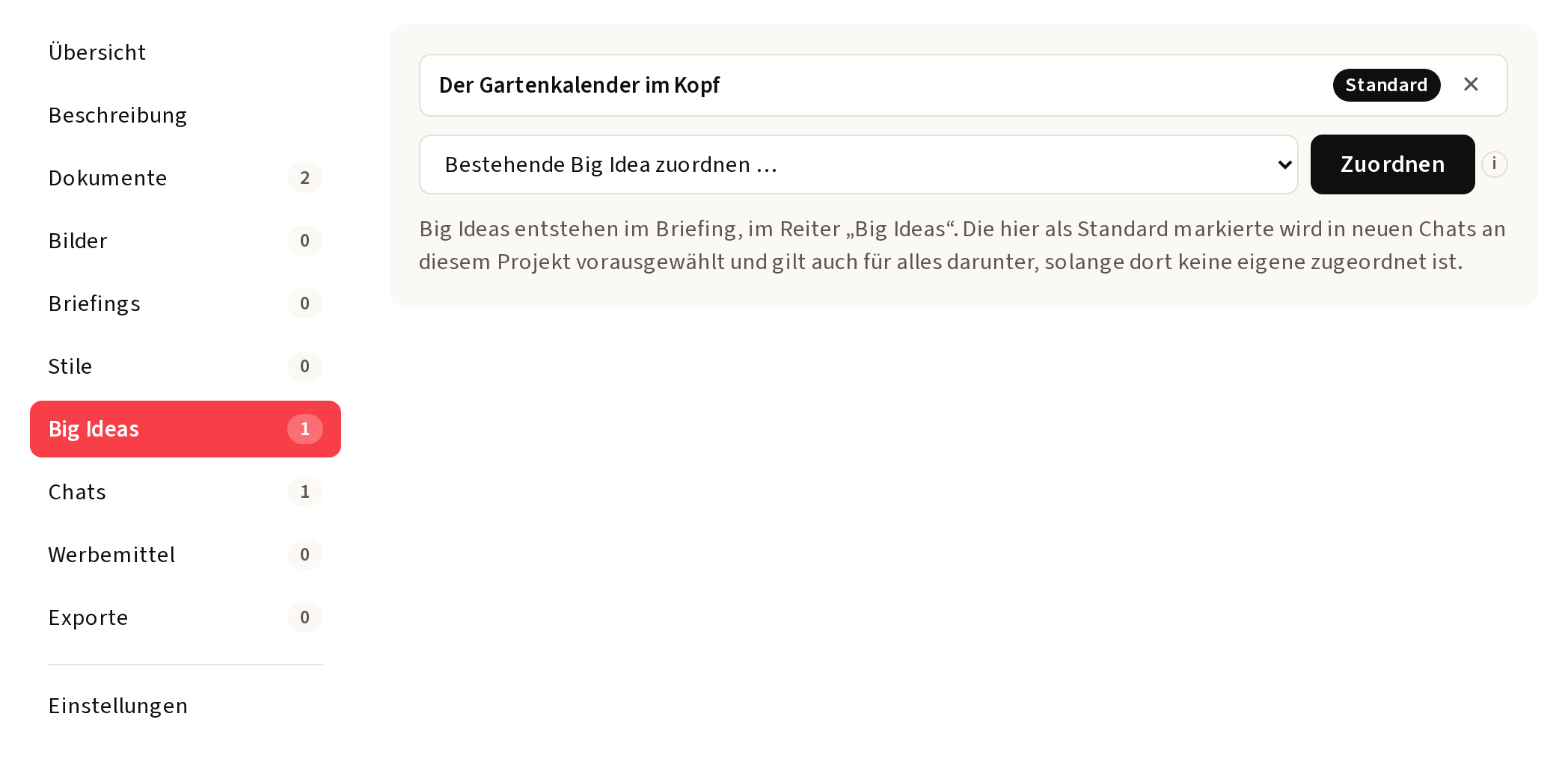 Der Reiter Big Ideas eines Produkts: zugeordnete Big Idea als Standard, darunter die Auswahl zum Zuordnen