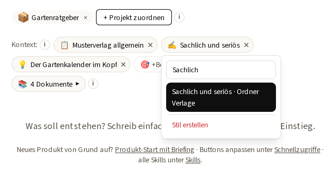Die Stil-Auswahl im Chat am Produkt „Gartenratgeber“: der Stil vom Ordner mit dem Etikett „· Ordner Verlage“