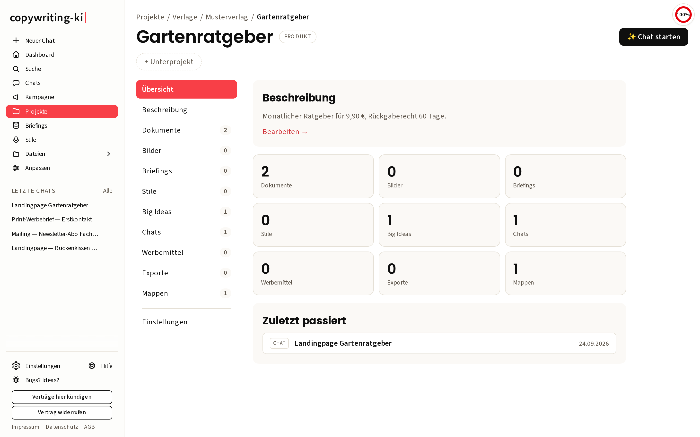 Ein Produkt unter Projekte mit Beschreibung und Reitern