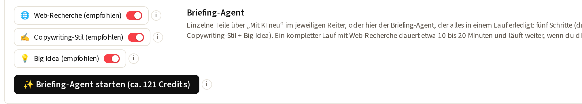 Die drei Schalter und der Startknopf des Briefing-Agenten
