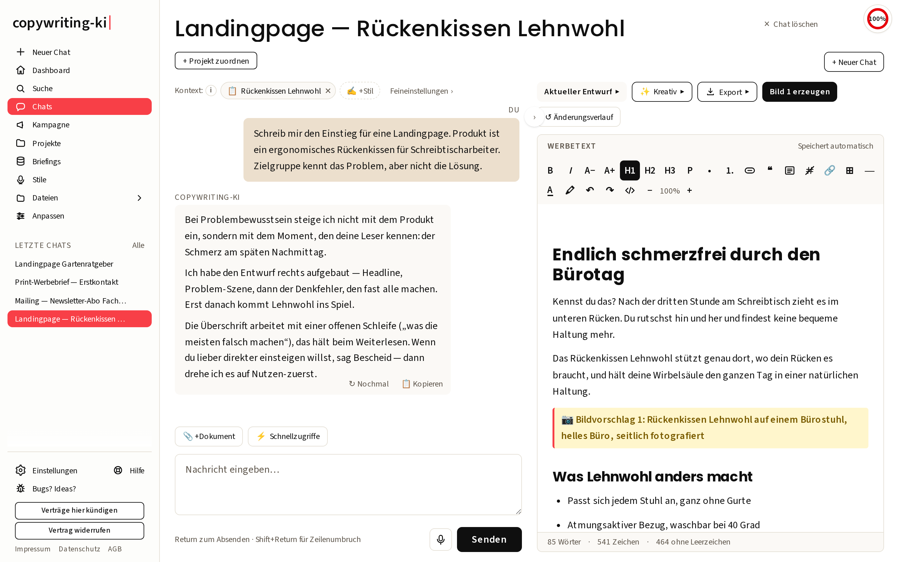 Links die Unterhaltung, rechts der Werbetext, der sich live mitverändert