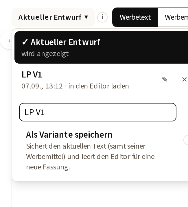 Das Menü „Aktueller Entwurf“ mit dem Titelfeld und „Als Variante speichern“