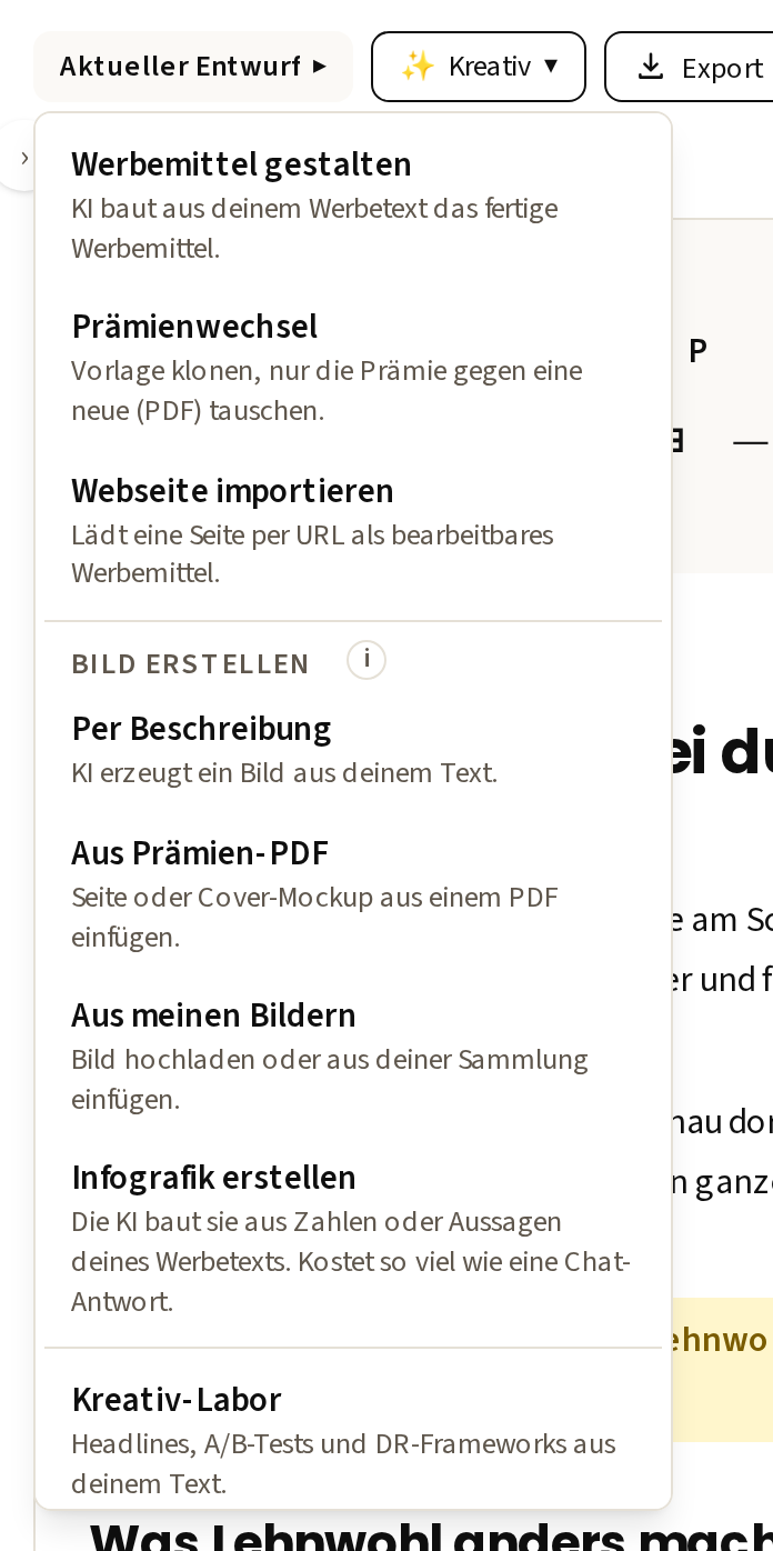 Das Kreativ-Menü mit allen Werkzeugen