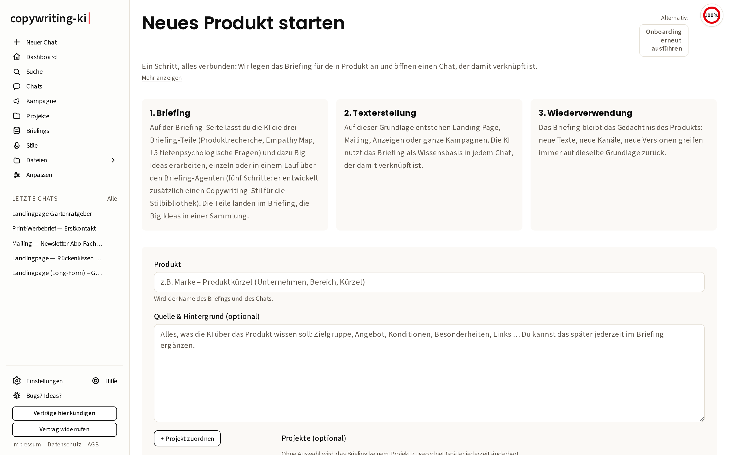 Produkt-Start: Produktname und Hintergrund eingeben, den Rest legt die App an