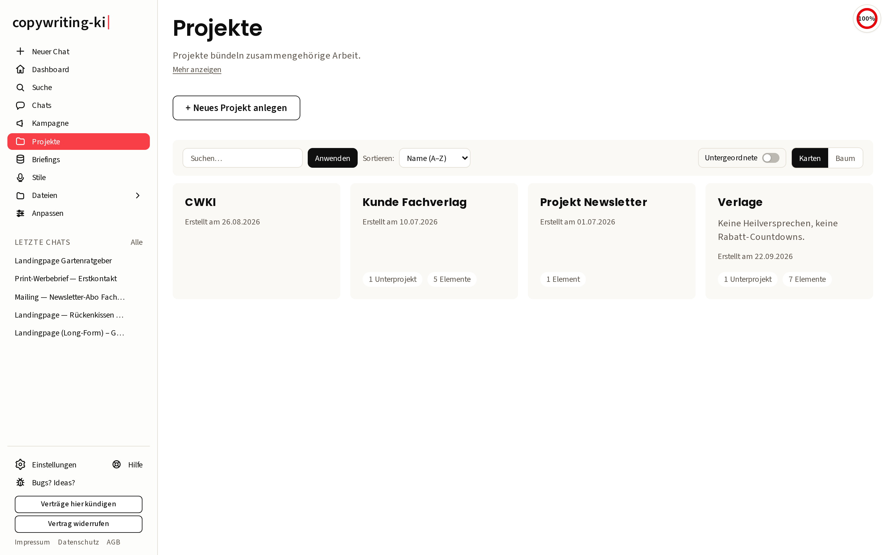 Die Projektübersicht: Kunden, Produkte und Ordner als Karten