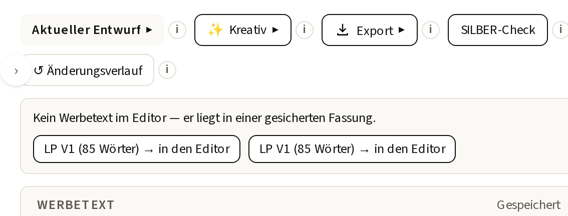 Nach dem Sichern: leerer Editor, darüber der neue Knopf, der die Variante zurückholt