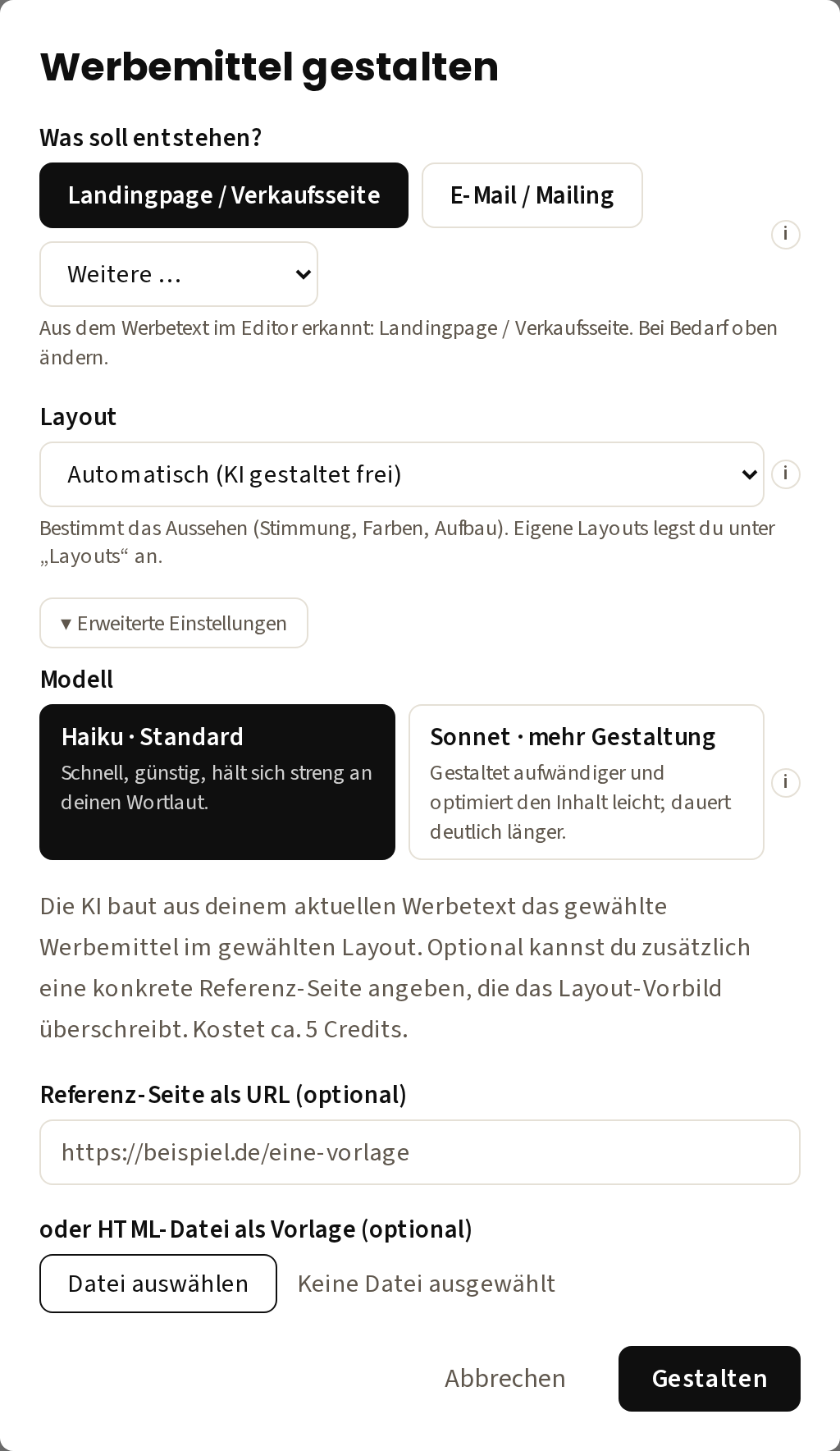 Der Dialog „Werbemittel gestalten“: Art, Layout, Modell, Referenz-Seite