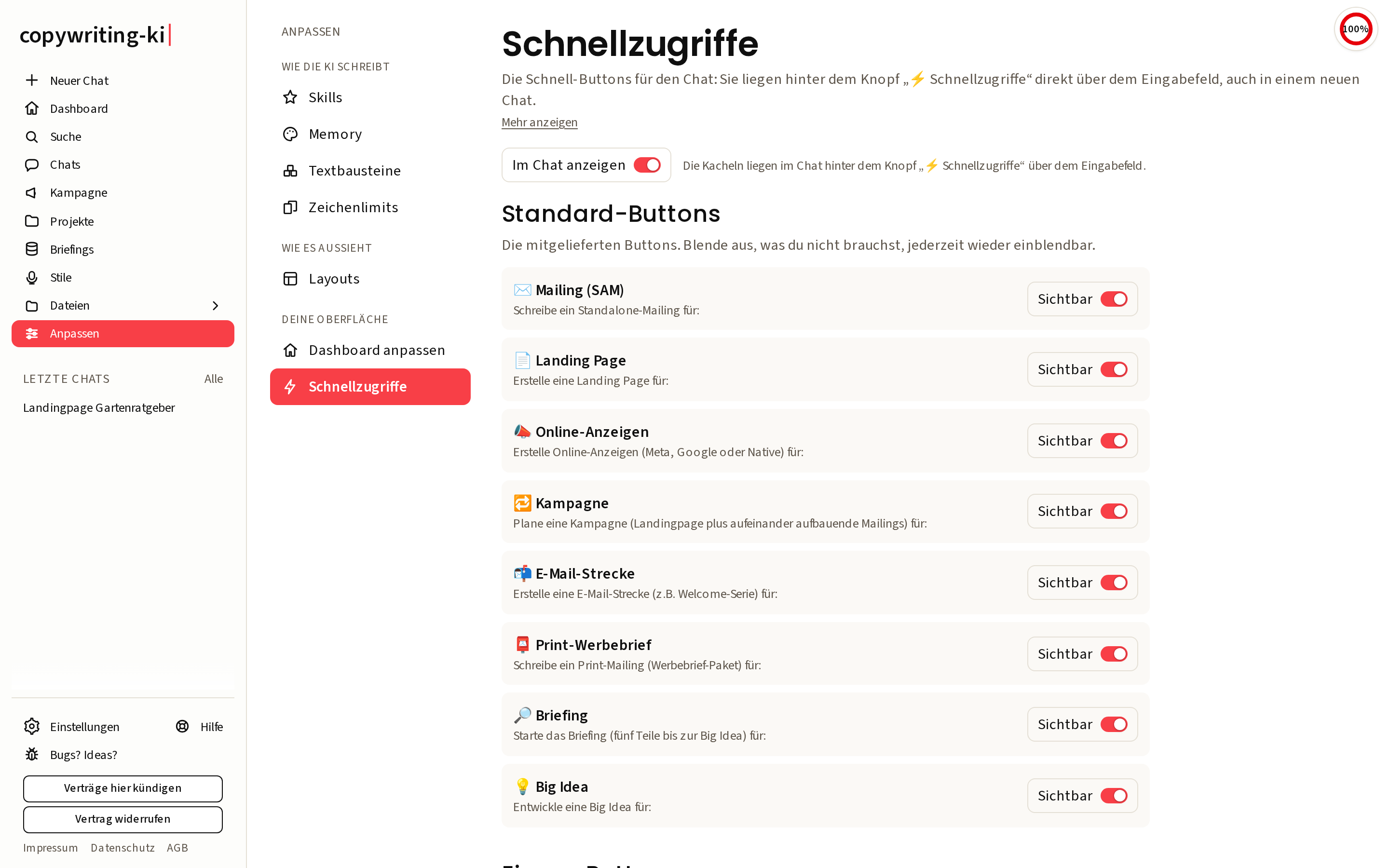 Die Seite „Schnellzugriffe“ mit Standard-Buttons und eigenen Buttons
