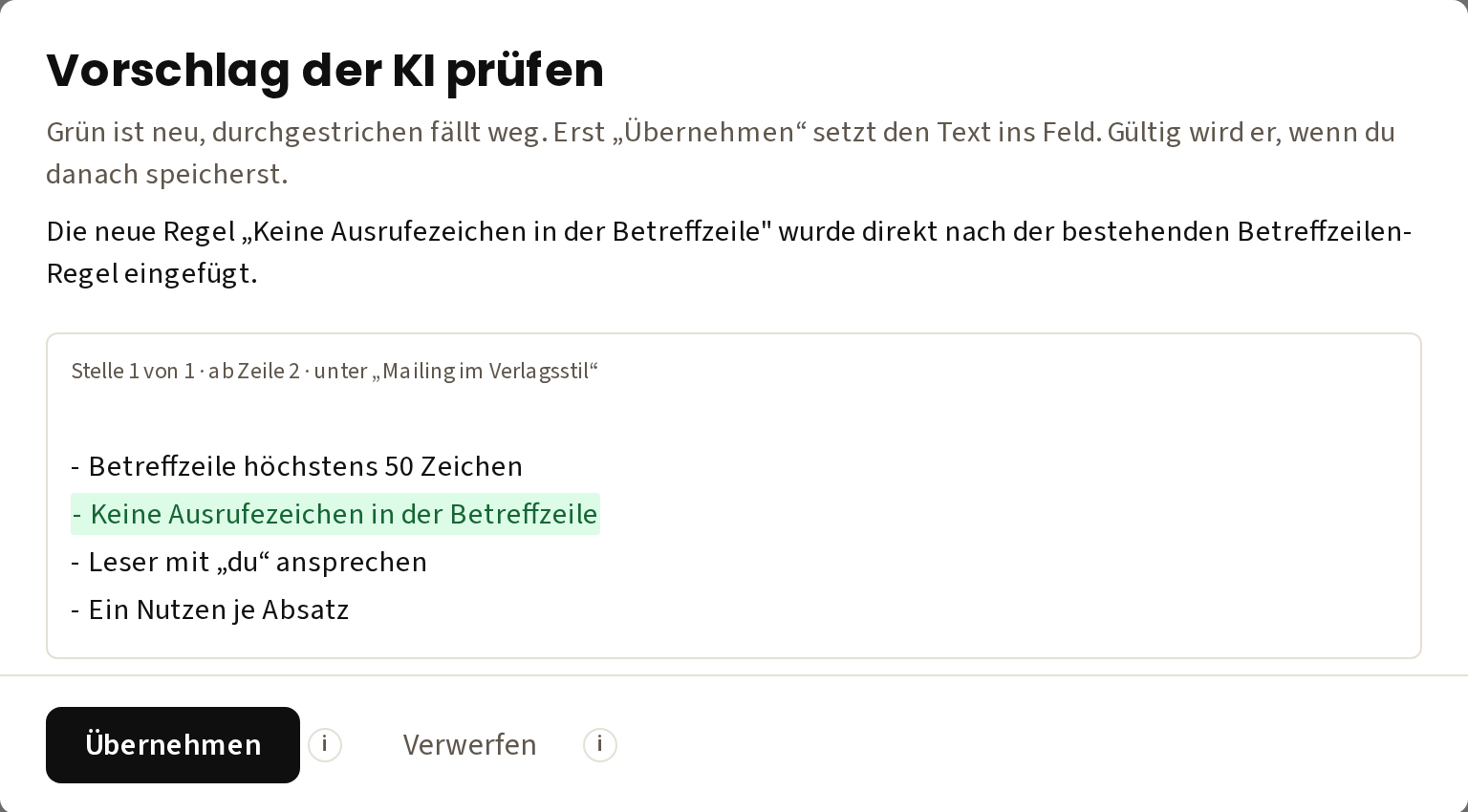 Der Vorschlag der KI mit dem Vergleich und den Knöpfen „Übernehmen“ und „Verwerfen“