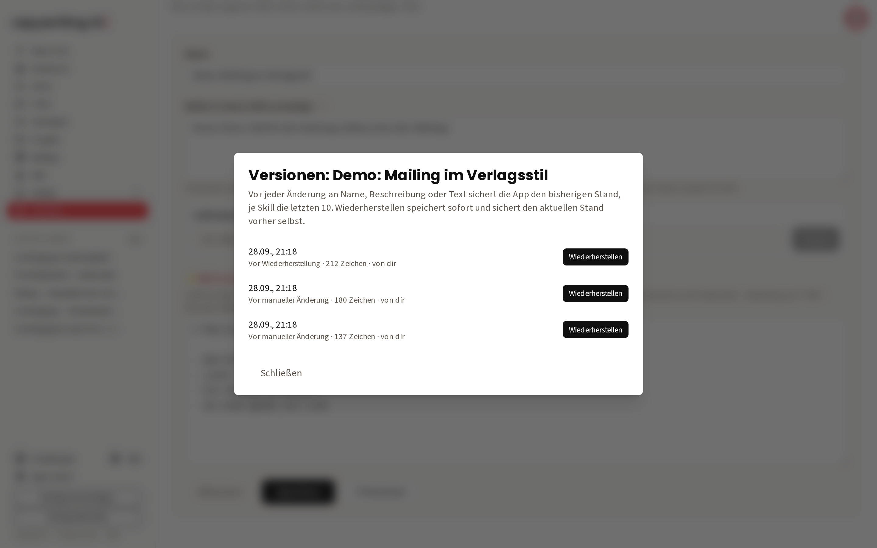 Die Versionen eines Skills mit dem Grund je Stand und „Wiederherstellen“