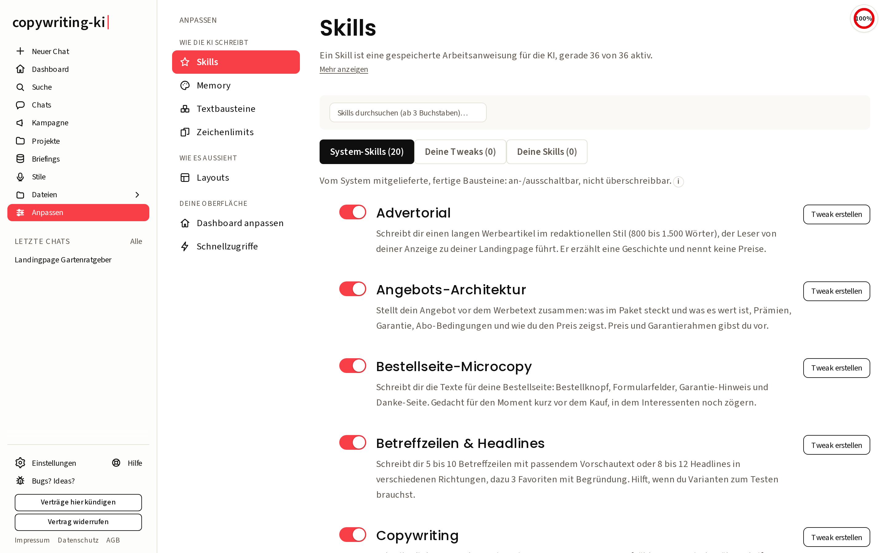 Die Skills-Seite in der App mit ihren 3 Reitern und dem Suchfeld darüber