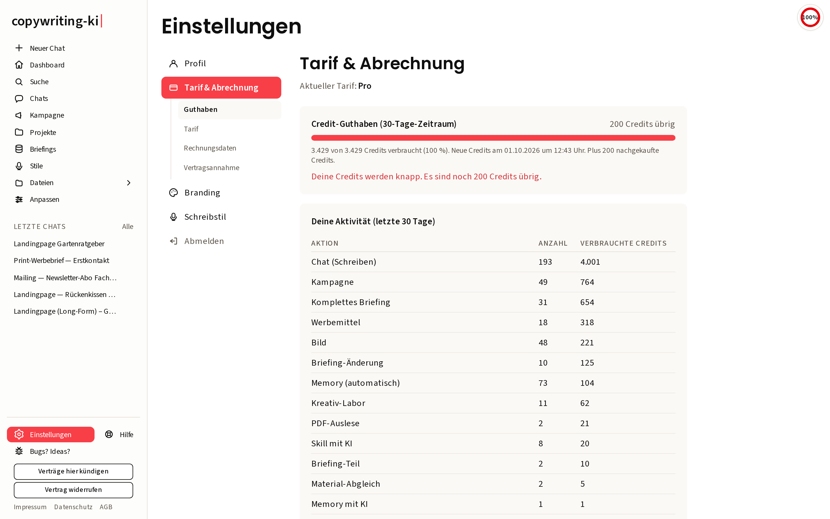 Die Seite Tarif und Abrechnung mit Credit-Guthaben, Aktivitäts-Tabelle und Credit-Verlauf