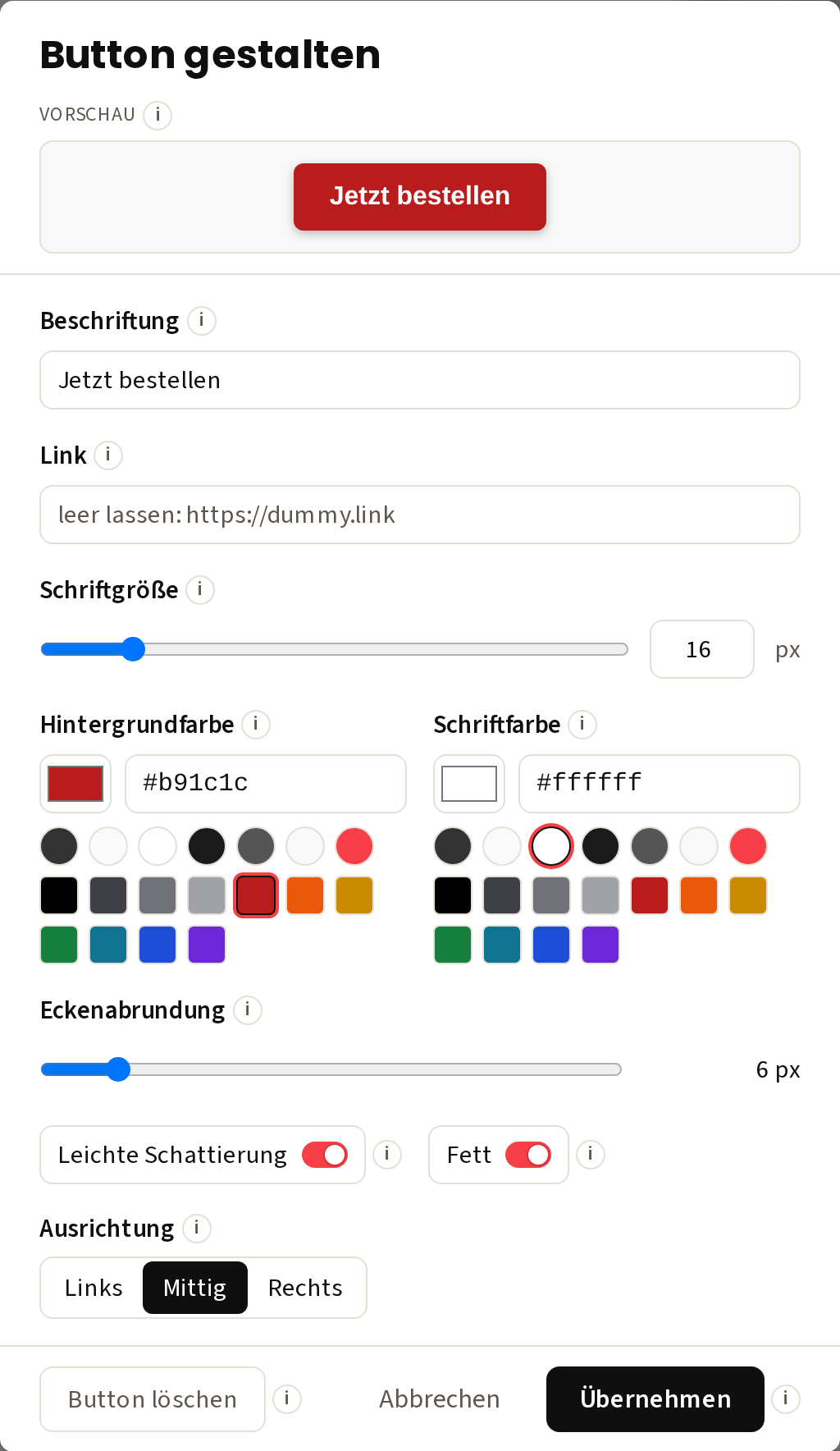 Das Fenster „Button gestalten“ im Werbemittel-Editor mit den Farben der Seite als runde Felder und eingeschalteter Schattierung