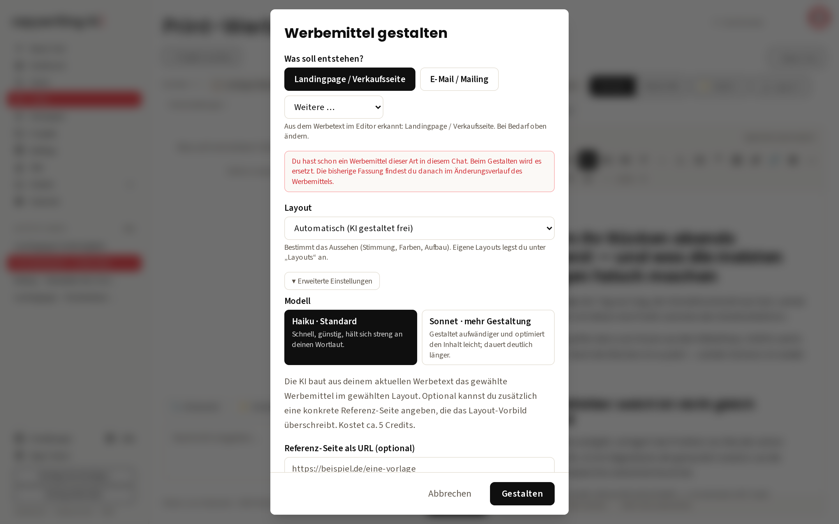 Der Dialog „Werbemittel gestalten“ mit Art, Layout und Modellwahl