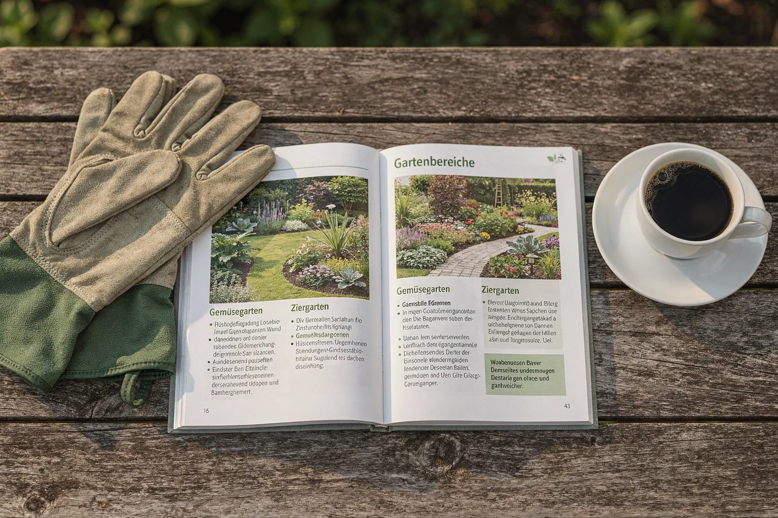 Produkt-Darstellung – Ein geöffnetes Exemplar des Gartenbegleiters (Print oder Screen), aufgeschlagen auf einem Gartentisch, daneben eine Tasse Kaffee und Gartenhandschuhe. Man erkennt die Gliederung nach Gartenbereichen. Stimmung: ruhige Morgenroutine, nicht ablenkendes Chaos. Fotografie oder realistischer Flat-Lay.