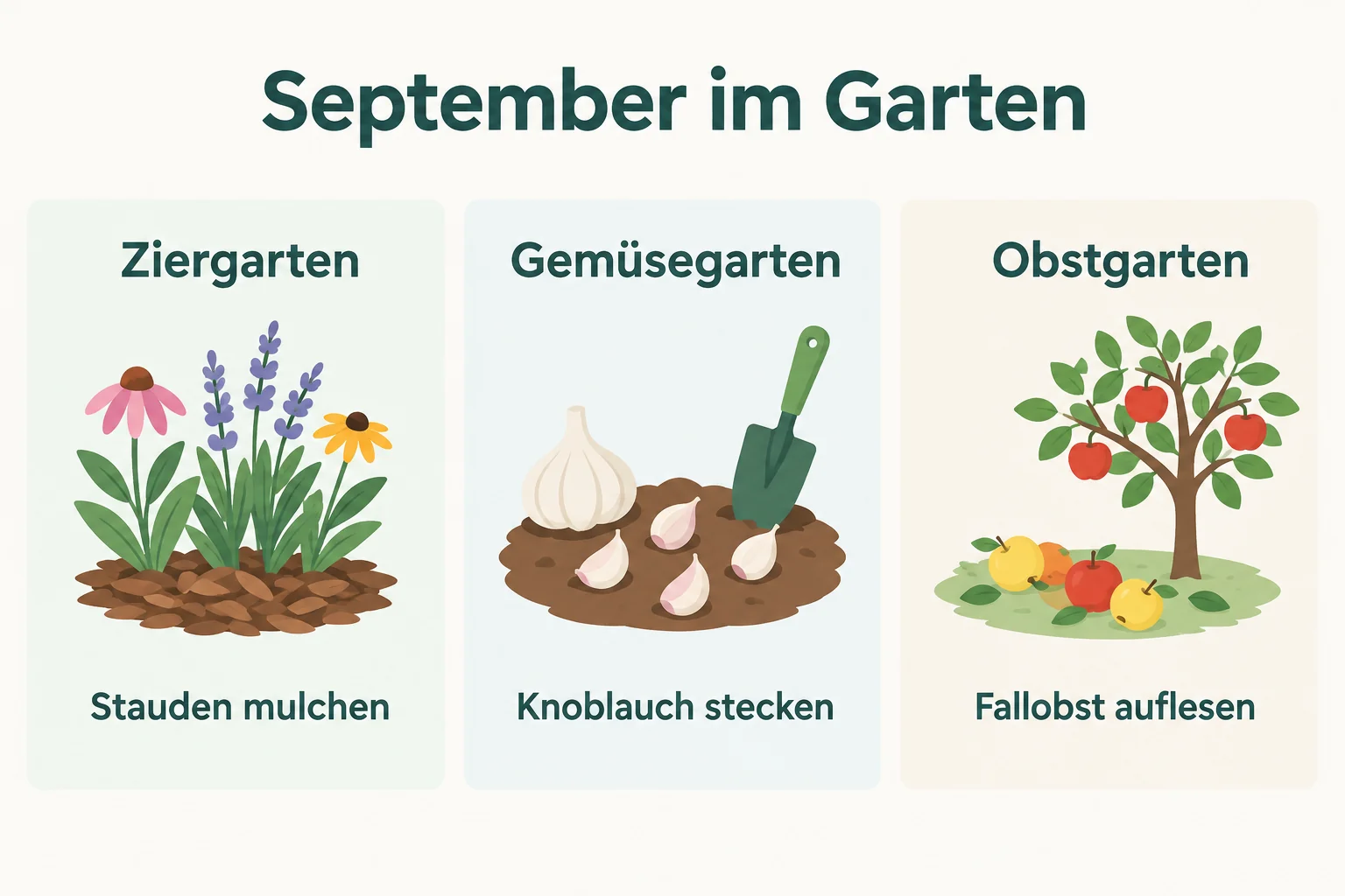 Schaubild – Dreiteilige Grafik (Text-Grafik, kein Foto), die den Monats-Fahrplan symbolisch darstellt: drei Spalten für Ziergarten / Gemüsegarten / Obstgarten, darunter je 2–3 beispielhafte Schlagworte für einen Beispielmonat (z. B. September). Klare, ruhige Darstellung in den Grüntönen der Seite. Zeigt den Mechanismus auf einen Blick.
