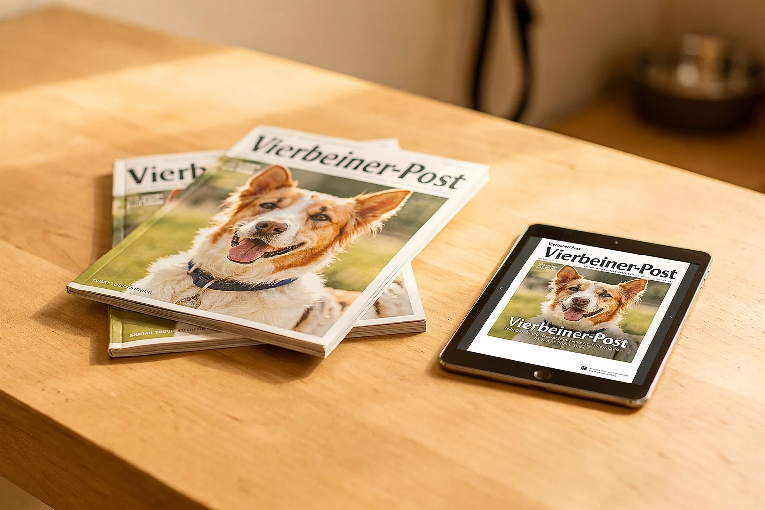 Produktdarstellung – Fächer aus vier aktuellen Vierbeiner-Post-Heften (2026/07 bis 2026/10) auf hellem Holzuntergrund, daneben ein Tablet mit E-Paper-Ansicht. Klare, aufgeräumte Studioaufnahme, Tageslicht. Foto.