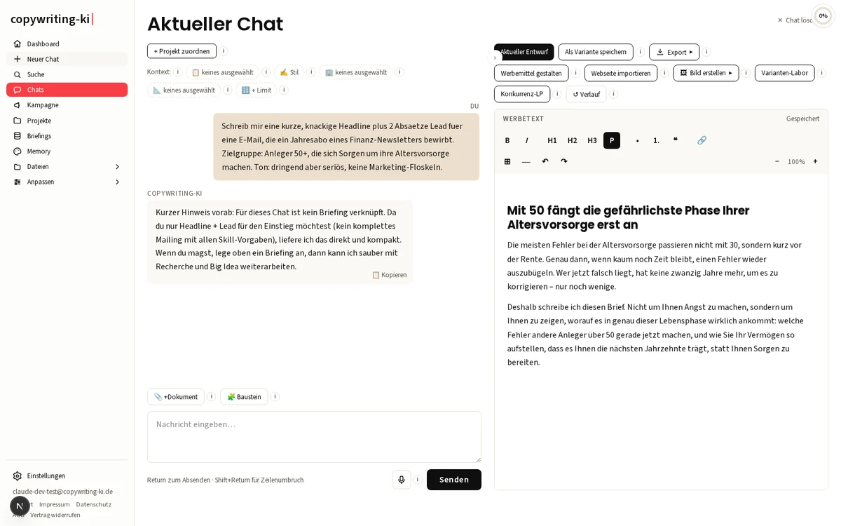 copywriting-ki Arbeitsbereich: links der Chat mit der KI, rechts der fertige Werbetext im Live-Editor