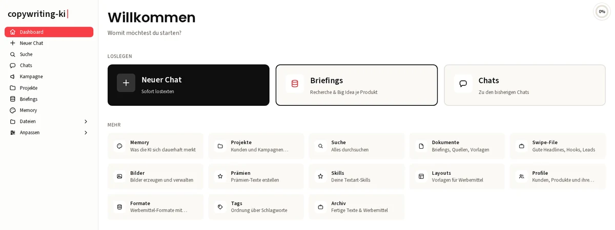 copywriting-ki Dashboard mit Sidebar-Navigation, Schnellzugriff auf neuen Chat, Briefings und Chats