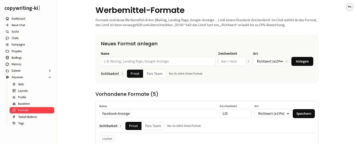 copywriting-ki Werbemittel-Formate mit Zeichenlimit, z.B. Facebook-Anzeige 125 Zeichen