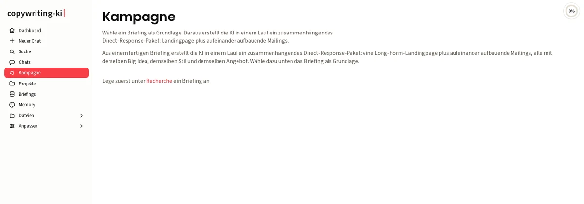 copywriting-ki Kampagnen-Ansicht: Landingpage plus aufeinander aufbauende Mailings aus einem Briefing