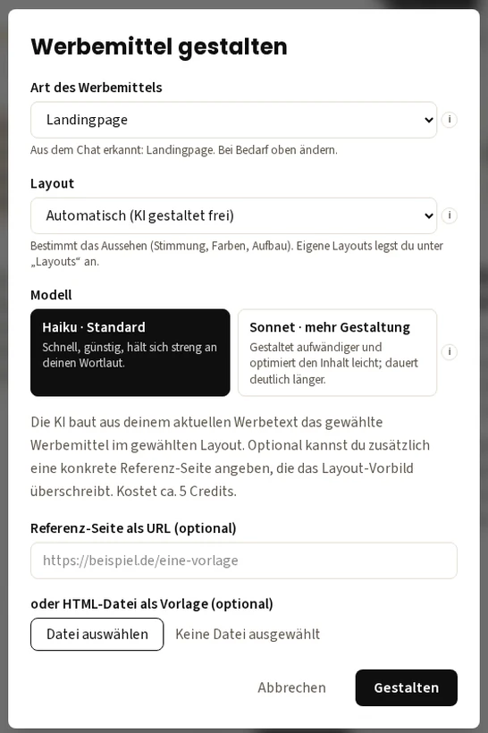 copywriting-ki Dialog „Werbemittel gestalten“ mit Wahl zwischen Haiku (schnell, günstig) und Sonnet (mehr Gestaltung)