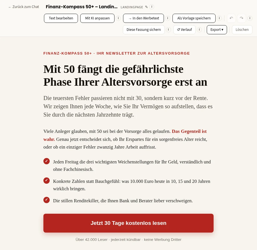 Werbemittel-Editor von copywriting-ki: oben die Bearbeitungsleiste, darunter eine fertig gestaltete Landingpage als fertiges HTML