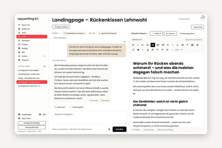 Der Arbeitsbereich von copywriting-ki.de – links der Chat mit der KI, rechts der Werbetext im Werbetext-Editor.