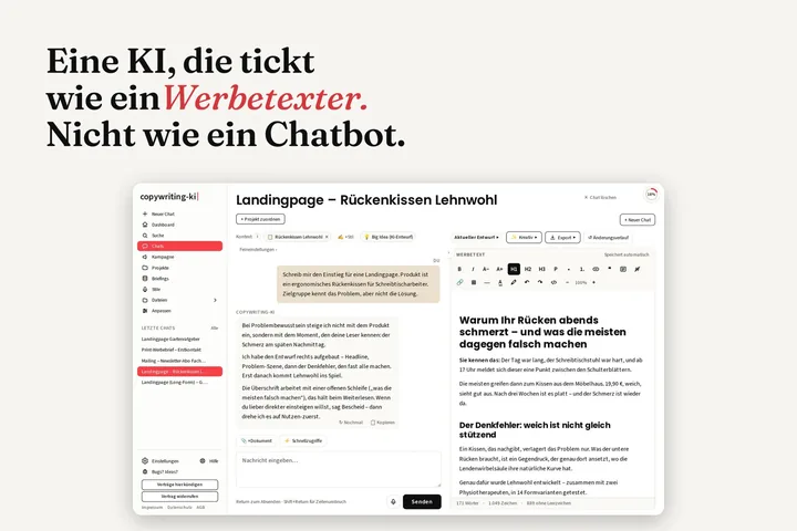 Headline „Eine KI, die tickt wie ein Werbetexter. Nicht wie ein Chatbot.“ über dem Arbeitsbereich von copywriting-ki.de